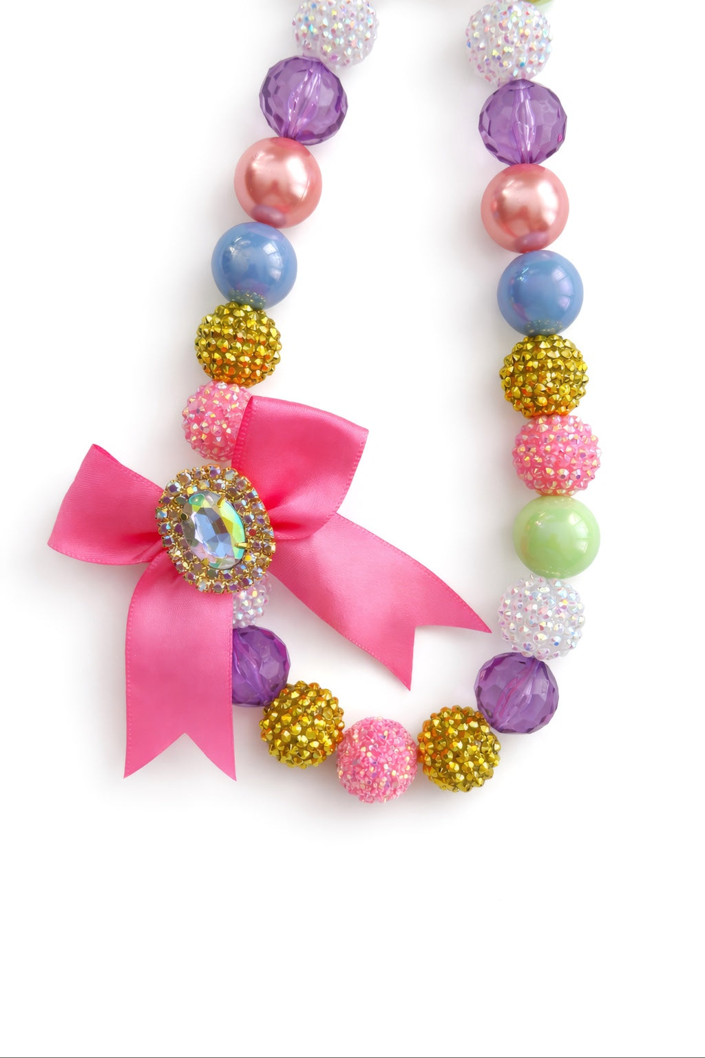 Cotton Candy Princess statement necklace with pastel pink, lavender, blue, green and gold beads, pink satin bow and Austrian crystal centerpiece