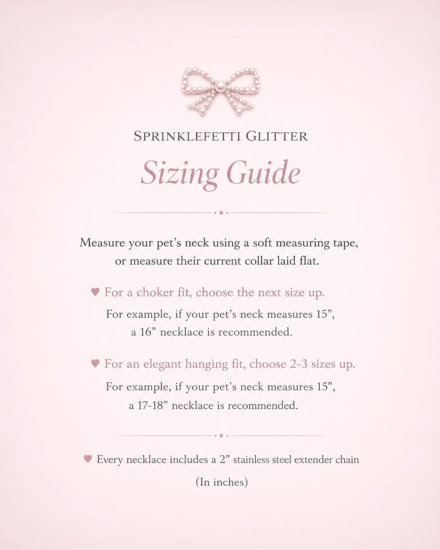 Sprinklefetti Glitter necklace size chart for pets and people