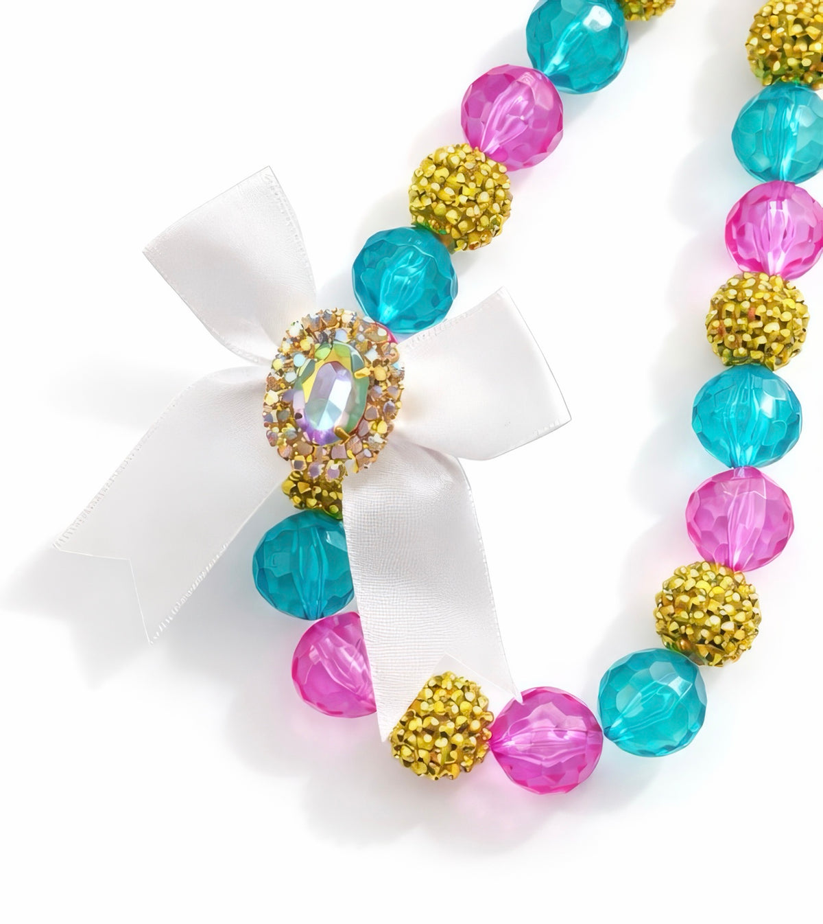 Poolside Princess statement necklace with aqua, hot pink and gold beads, white satin bow and Austrian crystal centerpiece