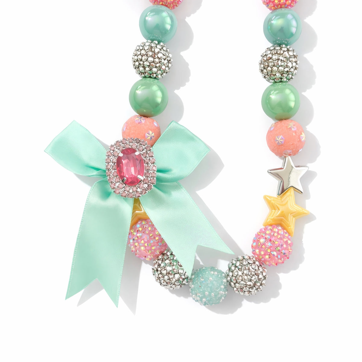 Starry Sweetheart statement necklace with mint, blush pink, silver and star beads, mint satin bow and Austrian crystal centerpiece