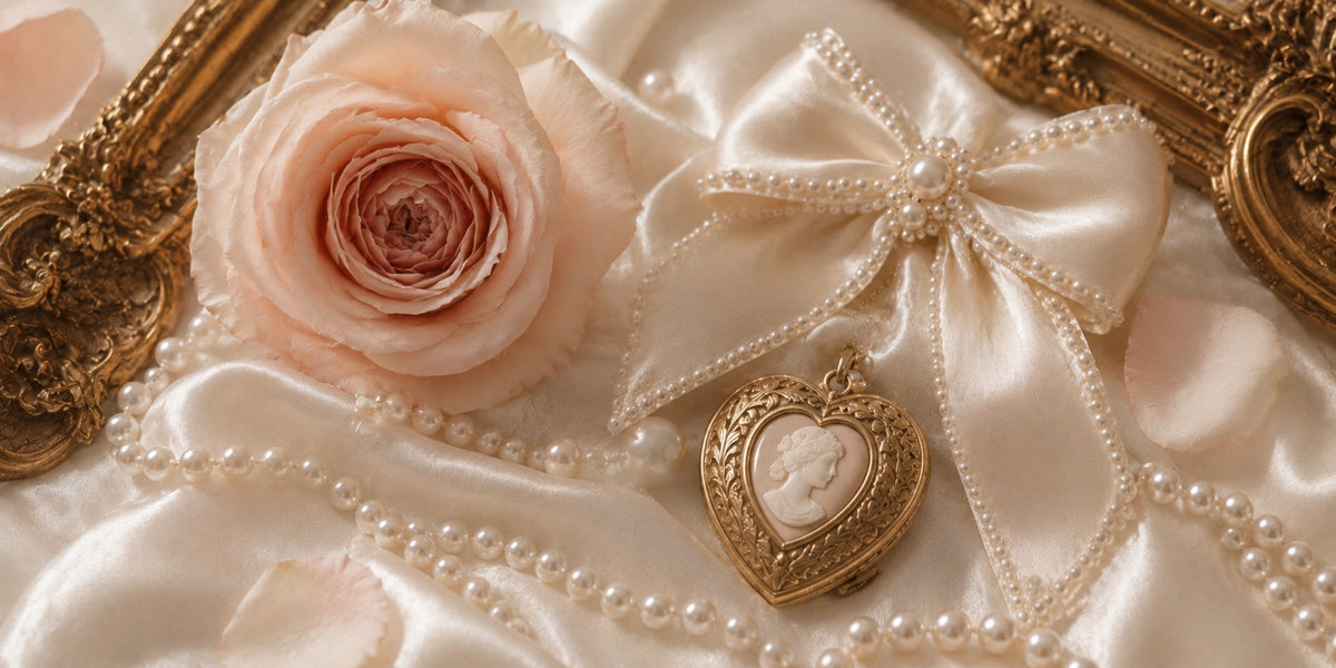 Blush rose, pearl-trimmed satin bow, ornate gold frame, and cameo heart on ivory silk for the Heiress Collection