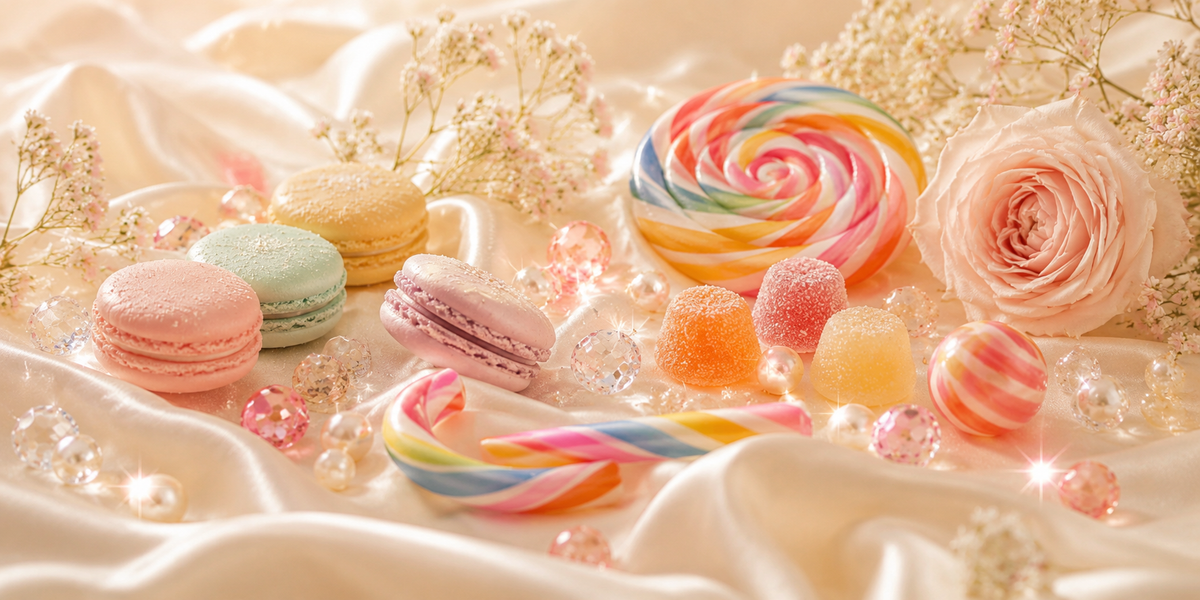 Bright rainbow candy and pastel confections arranged on ivory satin for the Candy and Colorful Jewelry collection