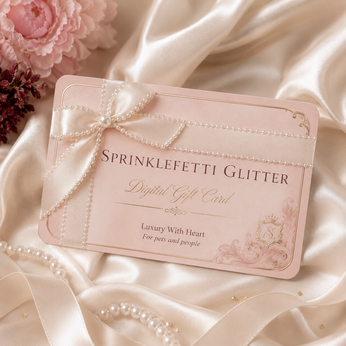 Sprinklefetti Glitter digital gift card in blush pink with pearl bow and ivory satin