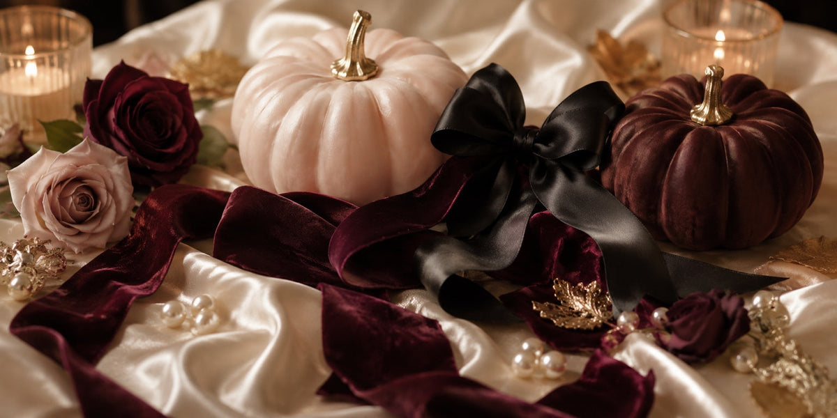 Blush and burgundy velvet pumpkins with black satin bow, burgundy ribbon, roses, pearls, and candlelight for the Fall and Halloween collection