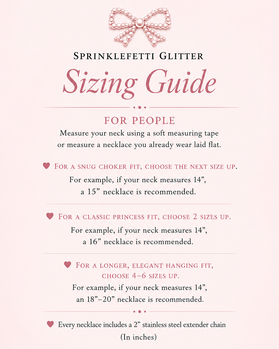 Sprinklefetti Glitter necklace size chart for custom finished lengths