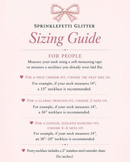 Sprinklefetti Glitter necklace size chart for custom finished lengths