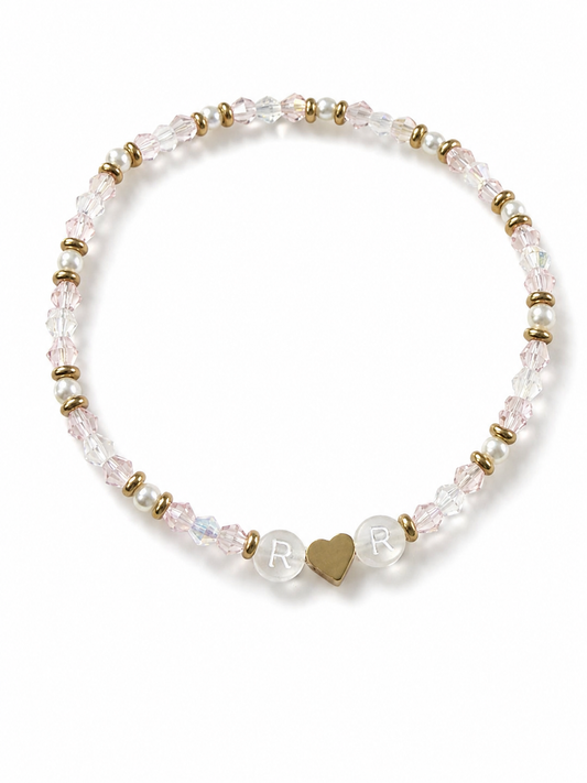 Blush Heart Initial Bracelet with blush-pink beads, pearl accents and Austrian crystal accents
