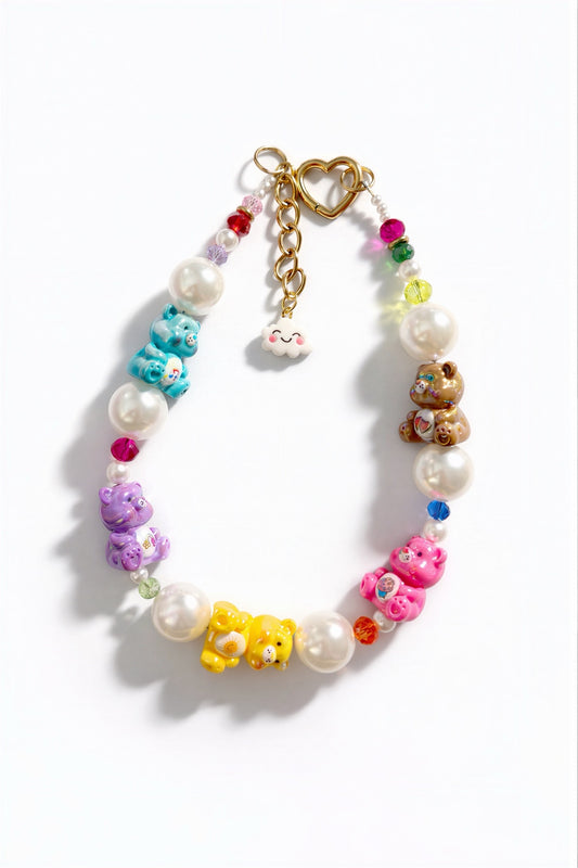 Care Bear Carousel statement necklace with colorful bear beads, pearl accents and rainbow details