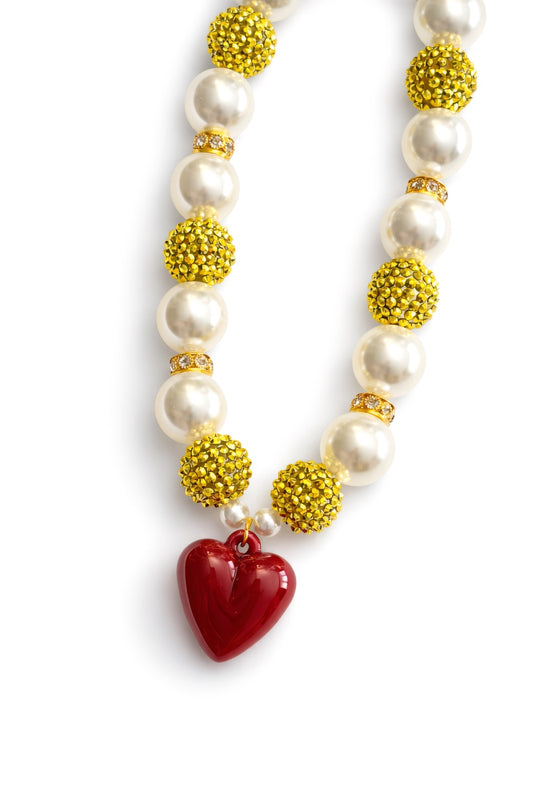 Dark Cherry Heart statement necklace with ivory pearls, gold pavé beads and deep red heart pendant