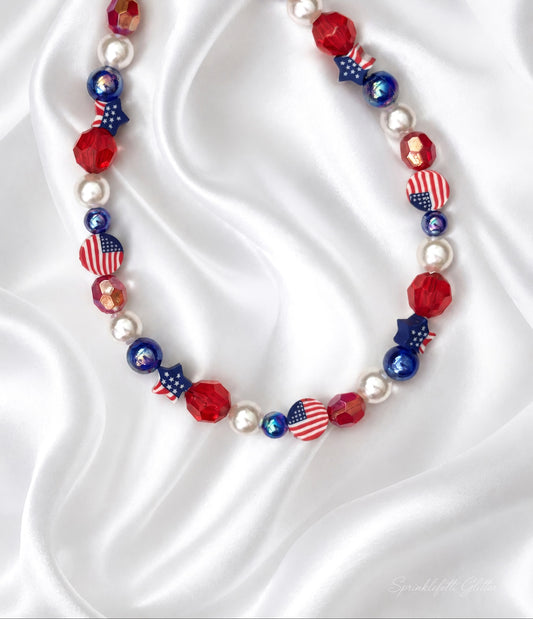Freedom Pearl Fête patriotic necklace with red, white and blue pearl beads and Austrian crystal accents