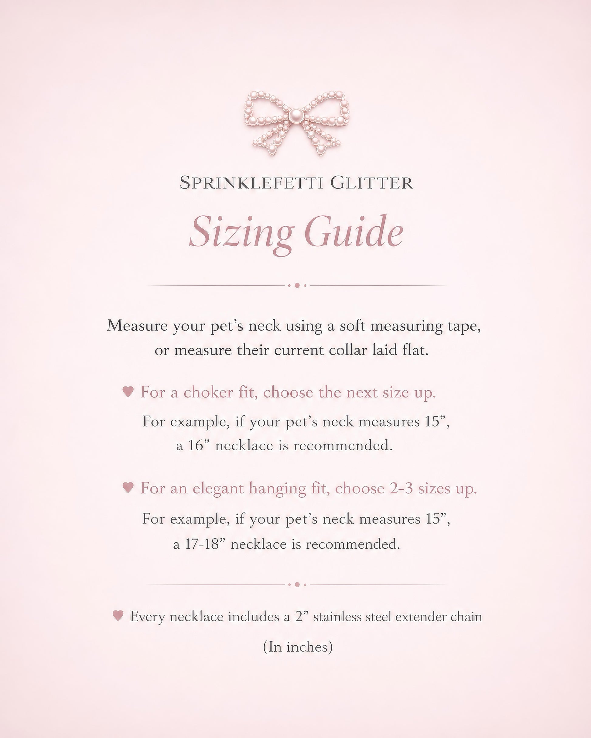 Sprinklefetti Glitter necklace size chart for pets and people
