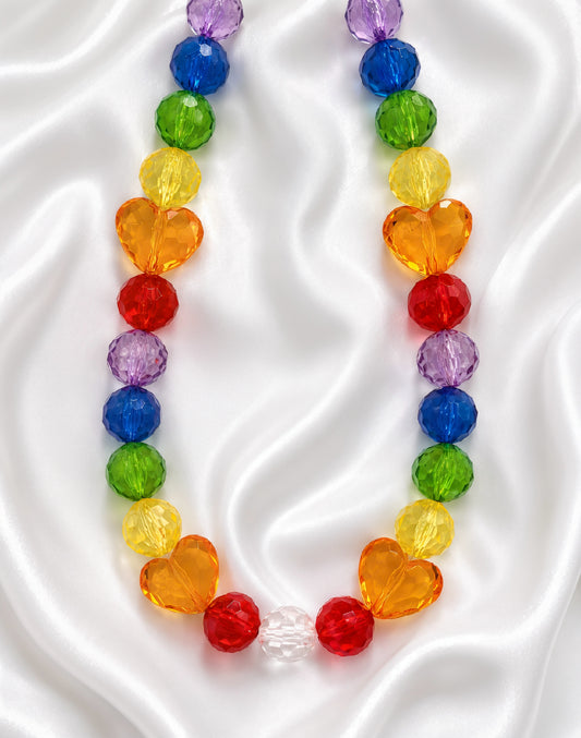Kaleidoscope Candy Necklace with rainbow faceted beads, orange heart statement beads and Austrian crystal accents