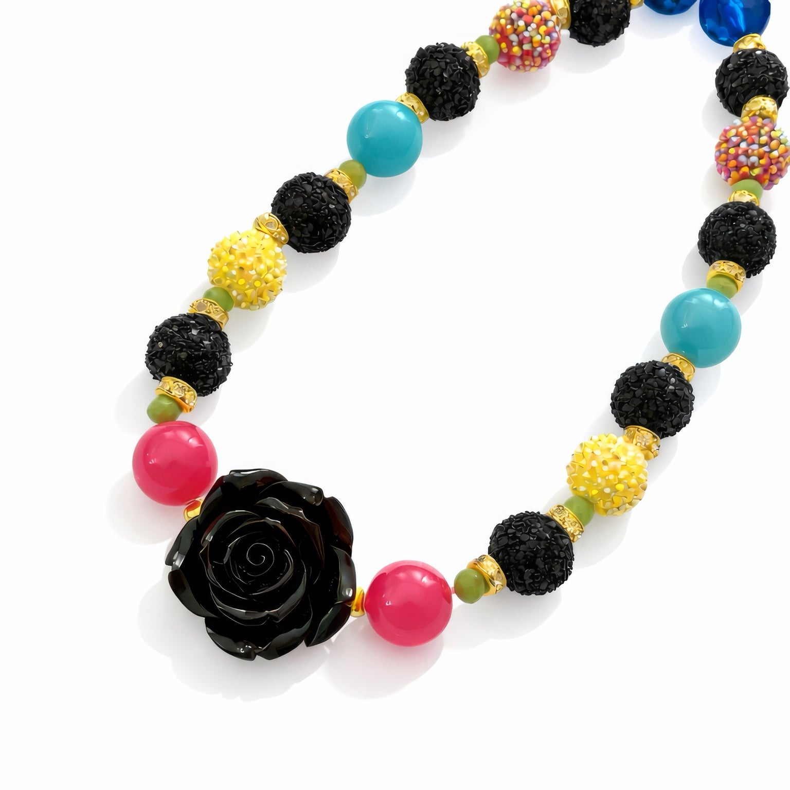 Marigold Moon statement necklace with black rose centerpiece, black, yellow, turquoise, pink and gold beads