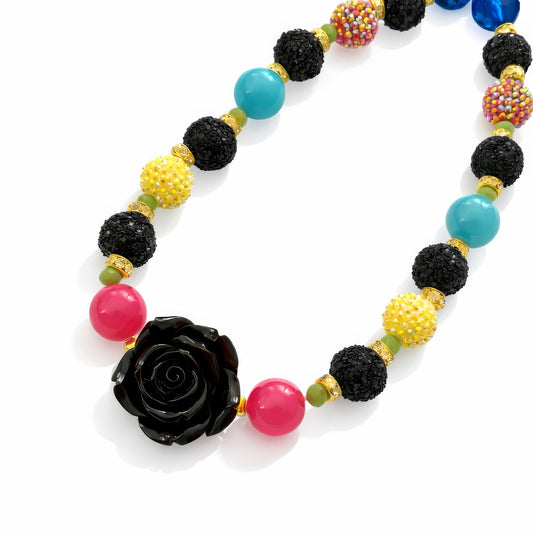 Marigold Moon statement necklace with black rose centerpiece, black, yellow, turquoise, pink and gold beads