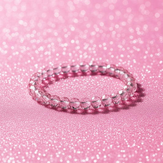 Pink Champagne faceted crystal stretch bracelet on marble