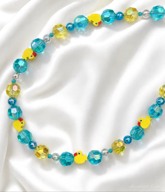 Rubber Ducky Socialite necklace with aqua and yellow beads, duck details and Austrian crystals