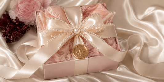 Sprinklefetti Glitter digital gift card presented with a blush gift box, ivory satin ribbon, pearls, and silk