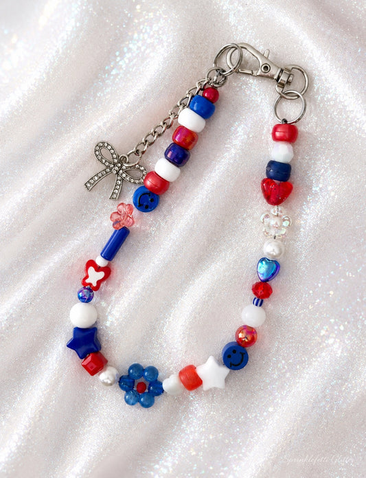 Star Spangled Sweetheart personalized patriotic necklace with red, white and blue beads and Austrian crystals