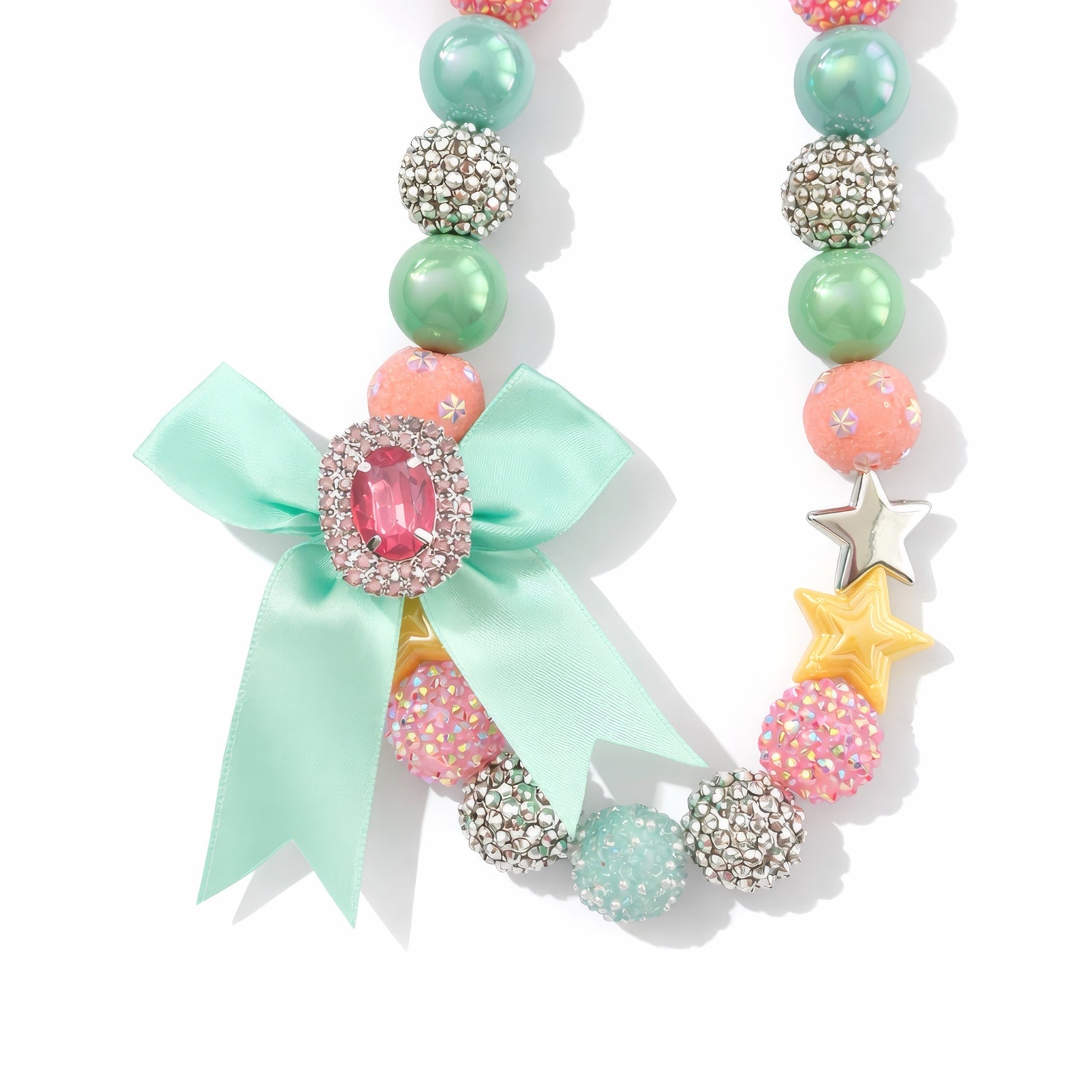 Starry Sweetheart statement necklace with mint, blush pink, silver and star beads, mint satin bow and Austrian crystal centerpiece