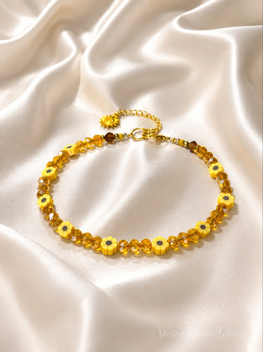 Sunflower Honey Heiress necklace with golden sunflower beads and Austrian crystal accents