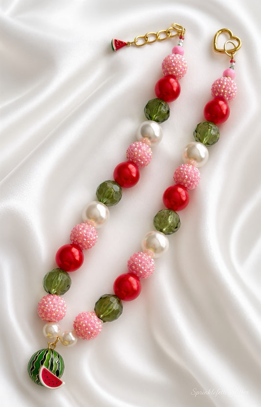 Watermelon Heirloom statement necklace with pink, red, olive green, pearl and watermelon details